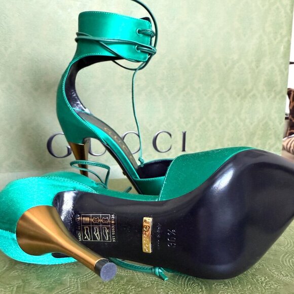 GUCCI 752966 Priscilla Emerald Green Satin Strap Gold Stiletto Heel 36+, US 6.5 - Picture 12 of 16